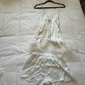 Lovers + Friends White Feather Trim Pajama Set Bridal